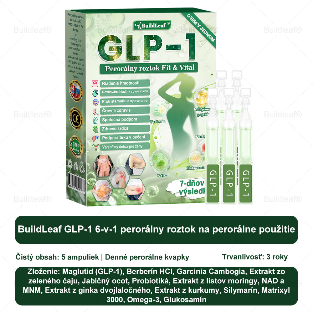 BuildLeaf® GLP-1 6-v-1 Fit & Vital Perorálny Roztok  (Len raz denne, viditeľné zmeny už za 7 dní) Pre obezitu, kardiovaskulárne ochorenia, cukrovku, spánkové apnoe, zdravie čriev, problémy s kĺbmi a ďalšie