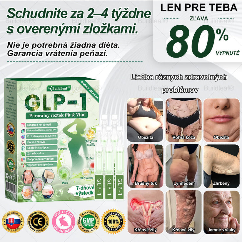 BuildLeaf® GLP-1 6-v-1 Fit & Vital Perorálny Roztok  (Len raz denne, viditeľné zmeny už za 7 dní) Pre obezitu, kardiovaskulárne ochorenia, cukrovku, spánkové apnoe, zdravie čriev, problémy s kĺbmi a ďalšie